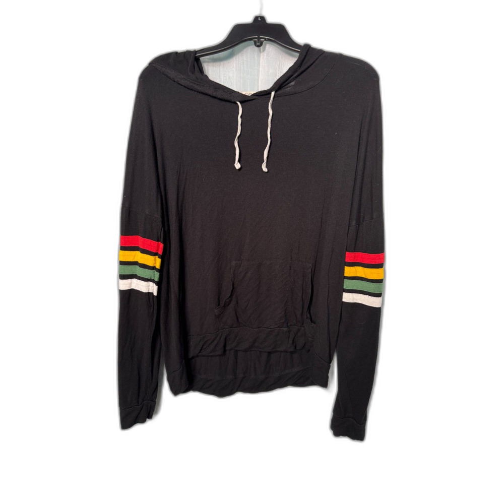 Pink Rose Retro Rainbow Stripe Sleeve Hoodie Black Soft Knit Pullover Size L